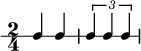  \new RhythmicStaff {
   \clef percussion
   \time 2/4
   \set Score.tempoHideNote = ##t \tempo 4 = 100
   c4 c
   \tuplet 3/2 { c4 c c }
}
