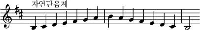  {
\omit Score.TimeSignature \relative c' {
  \key b \minor \time 7/4 b^"자연단음계" cis d e fis g a b a g fis e d cis b2
} }
