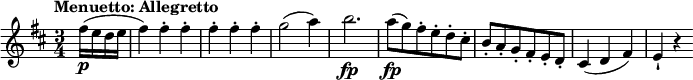 
  \relative c'' {
    \version "2.18.2"
    \key d \major 
    \tempo "Menuetto: Allegretto"
    \time 3/4
    \tempo 4 = 120
    \partial 4  fis16 \p (e d e fis4)
   fis-. fis-.  fis-. fis-. fis-.
   g2 (a4)
   b2.\fp
   a8\fp (g) fis-. e-. d-. cis-.
   b-. a-. g-. fis-. e-. d-.
   cis4 (d fis)
   e-! r4
}
