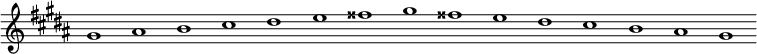 
\new Staff {
  \relative c'' {
    \key gis \minor
    \override Staff.TimeSignature #'stencil = ##f
    \override Staff.BarLine #'stencil = ##f
     gis1 ais b cis dis e fisis gis fisis e dis cis b ais gis
  }
}
\midi {
  \context {
    \Score
    tempoWholesPerMinute = #(ly:make-moment 120 1)
  }
}
