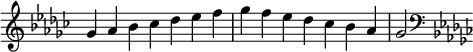   {
\omit Score.TimeSignature \relative c'' {
  \key ges \major \time 7/4 ges aes bes ces des es f ges f es des ces bes aes ges2
  \clef F \key ges \major
} }

