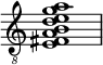 \relative c {\clef "treble_8" \omit Staff.TimeSignature <e fis a b d e g a >1 }