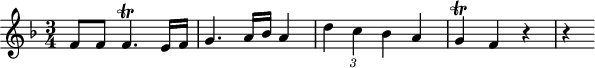 
\header {
  tagline = ##f
}

\score {
  \new Staff \with {

  }
<<
  \relative c' {
    \key f \major
    \time 3/4
    \override TupletBracket #'bracket-visibility = ##f 
    \autoBeamOff

     %%%%%%%%%%%%%%%%%%%%%%%%%% K4
     f8[ f] f4.\trill e16[ f] g4. a16[ bes] a4 \times 2/3{ d c bes } a4 g\trill f r4 r4

  }
>>
  \layout {
    \context {
      \remove "Metronome_mark_engraver"
    }
  }
  \midi {}
}
