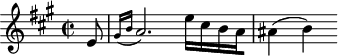 
\header {
  tagline = ##f
}

\score {
  \new Staff \with {

  }
<<
  \relative c'' {
    \key a \major
    \time 2/2
    \override TupletBracket #'bracket-visibility = ##f 
    \autoBeamOff

     %%%%%%%%%%%%%%%%%%%%%%%%%% K12
     \partial 8 e,8 \grace { gis16[( b16] } a2.) e'16[ cis b a ais4]( b)

  }
>>
  \layout {
    \context {
      \remove "Metronome_mark_engraver"
    }
  }
  \midi {}
}
