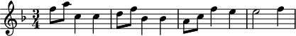 
\header {
  tagline = ##f
}

\score {
  \new Staff \with {

  }
<<
  \relative c'' {
    \key f \major
    \time 3/4
    \override TupletBracket #'bracket-visibility = ##f 
    \autoBeamOff

     %%%%%%%%%%%%%%%%%%%%%%%%%% K2
     f8[ a] c,4 c d8[ f] bes,4 bes a8[ c] f4 e e2 f4

  }
>>
  \layout {
    \context {
      \remove "Metronome_mark_engraver"
    }
  }
  \midi {}
}
