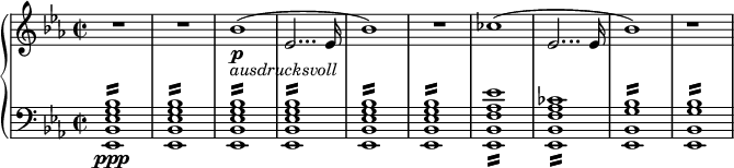 
{ \new PianoStaff <<
\new Staff 
\relative bes' 
{ 
  \set Staff.midiInstrument = #"french horn" 
  \set Staff.midiMinimumVolume = 0.3
  \set Staff.midiMaximumVolume = 0.9
  \key es  \major 
  \clef treble 
  \time 2/2 
  \set Score.tempoHideNote = ##t 
  \tempo 2 = 60
  R1*2 | % 3
  bes1 \p _\markup{ \italic{ ausdrucksvoll} } ( | % 4
  es,2... es16 | % 5
  bes'1 ) | % 6
  R1 | % 7
  ces1 ( | % 8
  es,2... es16 | % 9
  bes'1 )
  r1
  }
\new Staff 
\relative es, 
{ 
  \set Staff.midiInstrument = #"tremolo strings" 
  \set Staff.midiMinimumVolume = 0.2
  \set Staff.midiMaximumVolume = 0.6 
  \key es \major 
  \clef bass 
  \time 2/2
  <es bes' es g bes>1 \ppp :16 | % 2
  <es bes' es g bes>1 :16 | % 3
  <es bes' es g bes>1 :16 | % 4
  <es bes' es g bes>1 :16 | % 5
  <es bes' es g bes>1 :16 | % 6
  <es bes' es g bes>1 :16 | % 7
  <es bes' f' as es'>1 :16 | % 8
  <es bes' f' as ces>1 :16 | % 9
  <es bes' g' bes>1 :16 | % 10
  <es bes' g' bes>1 :16 }
>> 
}
