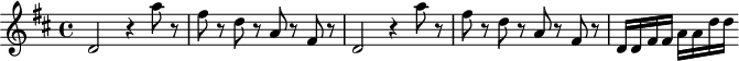 
\header {
  tagline = ##f
}

\score {
  \new Staff \with {

  }
<<
  \relative c'' {
    \key d \major
    \time 4/4
    \override TupletBracket #'bracket-visibility = ##f 
    %\autoBeamOff

     %%%%%%% K 87 - ouverture Mitridate

     \repeat unfold 2 {  d,2 r4 a''8 r8 fis r8 d r8 a r8 fis r8 }
     d16 d fis fis a a d d
  }
>>
  \layout {
    \context {
      \remove "Metronome_mark_engraver"
    }
  }
  \midi {}
}
