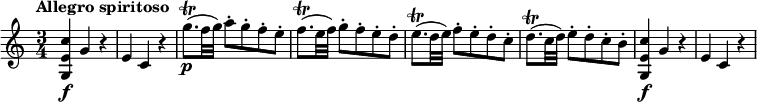 
\relative c'' {
  \override Score.NonMusicalPaperColumn #'line-break-permission = ##f
  \version "2.18.2"
  \tempo "Allegro spiritoso"
  \tempo 4 = 150
  \time 3/4
  <c e, g,>4\f g r |
  e4 c r |
  g''8.\trill\p( f32 g) a8-. g-. f-. e-. |
  f8.\trill( e32 f) g8-. f-. e-. d-. |
  e8.\trill( d32 e) f8-. e-. d-. c-. |
  d8.\trill( c32 d) e8-. d-. c-. b-.|
  <c e, g,>4\f g r |
  e4 c r |
}
