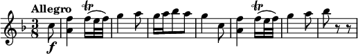 
\relative c' {
   \version "2.18.2"
   \clef "treble" 
   \tempo "Allegro" 
   \key f \major
   \time 3/8
  \partial 8  c'8 \f
   <a f'>4 f'16\trill (e32 f)
   g4 a8
   g16 a bes8 a
   g4 c,8
   <a f'>4 f'16\trill (e32 f)
   g4 a8
   bes r8 r8
}
