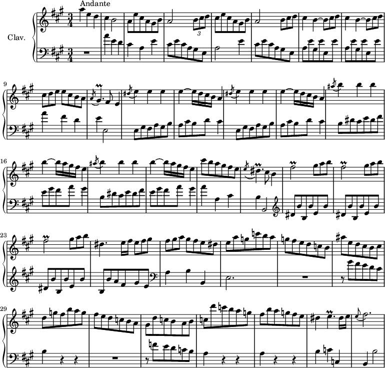 
\version "2.18.2"
\header {
  tagline = ##f
  % composer = "Domenico Scarlatti"
  % opus = "K. 300"
  % meter = "Andante"
}

%% les petites notes
trillGisp     = { \tag #'print { gis4.\prall } \tag #'midi { a32 gis a gis~ gis4 } }
trillDisp     = { \tag #'print { dis4.\prall } \tag #'midi { e32 dis e dis~ dis4 } }
trillFisbUp   = { \tag #'print { fis'2\prall } \tag #'midi { gis32 fis gis fis~ fis4. } }
trillEp       = { \tag #'print { e4.\prall } \tag #'midi { fis32 e fis e~ e4 } }

upper = \relative c'' {
  \clef treble 
  \key a \major
  \time 3/4
  \tempo 4 = 88
  \set Staff.midiInstrument = #"harpsichord"
  \override TupletBracket.bracket-visibility = ##f

      s8*0^\markup{Andante}
      a'4 e d | cis b2 | a8 e' cis a gis b | a2 \times 2/3 { b8 cis d }   \omit TupletNumber | cis e cis a gis b |
      % ms. 6
      a2 \times 2/3 { b8 cis d } | \repeat unfold 2 { cis4 b~ \times 2/3 { b8 cis d } } | \times 2/3 { cis8[ d e] } e8 cis b a | \acciaccatura a8 \trillGisp fis8 e4 |
      % ms. 11
      \repeat unfold 2 { \acciaccatura dis'8 e4 e e | e~ e16 d cis b a4 } | 
      % ms. 15
      \repeat unfold 2 { \acciaccatura ais'8 b4 b b | b~ b16 a gis fis e4 } | cis'8 b a gis fis e | \acciaccatura e8 \trillDisp cis8 b4 |
      % ms. 21
      \repeat unfold 3 { \trillFisbUp \times 2/3 { gis8 a b } } | dis,4. e16 fis \times 2/3 { e8 fis gis } | \times 2/3 { fis8[ gis a] } gis8 fis e dis |
      % ms. 26
      e8 a g c b a | g fis e d c b | ais' e d cis b cis  | d g fis b a g fis e d c b a |
      % ms. 31
      gis8 d' c b a b | c d' c b a g | fis b a g fis e | dis4 \trillEp dis16 e | \appoggiatura e8 fis2. 

}

lower = \relative c' {
  \clef bass
  \key a \major
  \time 3/4
  \set Staff.midiInstrument = #"harpsichord"
  \override TupletBracket.bracket-visibility = ##f

    % ************************************** \appoggiatura a16  \repeat unfold 2 {  } \times 2/3 { }   \omit TupletNumber 
      R2. | a'4 e d | cis a e' | cis8 e cis a gis e | a2 e'4 |
      % ms. 6
      cis8 e cis a gis e | \repeat unfold 2 { a8 e' gis, e' e, e' } | a4 fis d | e e,2 |
      % ms. 11
      \repeat unfold 2 { e8 gis fis a gis b | a cis b d cis4 } | 
      % ms. 15
      \repeat unfold 2 { b8 dis cis e dis fis | e gis fis a gis4 } | a a, cis b b,2 |   \clef treble 
      % ms. 21
      \repeat unfold 3 { dis'8 b' b, b' e, b' } | b, b' a fis gis e |   \clef bass a,4 b b, |
      % ms. 26
      e2. | R2. | r8 gis'8 fis e d cis | b4 r4 r4 | R2.
      % ms. 31
      r8 f'8 e d c b | \repeat unfold 2 { a4 r4 r4 } | b4 c c, b b'2

}

thePianoStaff = \new PianoStaff <<
    \set PianoStaff.instrumentName = #"Clav."
    \new Staff = "upper" \upper
    \new Staff = "lower" \lower
  >>

\score {
  \keepWithTag #'print \thePianoStaff
  \layout {
      #(layout-set-staff-size 17)
    \context {
      \Score
     \override SpacingSpanner.common-shortest-duration = #(ly:make-moment 1/2)
      \remove "Metronome_mark_engraver"
    }
  }
}

\score {
  \keepWithTag #'midi \thePianoStaff
  \midi { }
}
