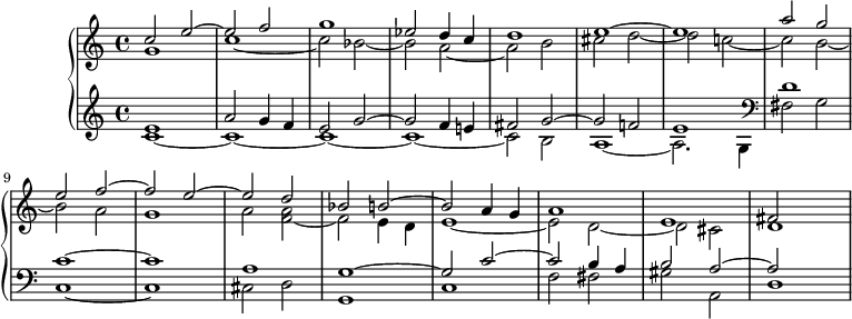 
\version "2.14.2"
\header {
  tagline = ##f
}
upper = \relative c'' {
  \clef treble 
  \key c \major
  \time 4/4
  \tempo 4 = 100
  \tempo "Presto"
  %\autoBeamOff
  \set Staff.midiInstrument = #"church organ"

  << { c2 e~ e f g1 ees2 d4 c d1 e~ e a2 } \\ { g,1 c~ c2 bes~ bes a~ a b cis d~ d c!~ c } >>
  << { g' e f~ f e~ e d bes b!~ b a4 g a1 e fis2 } \\ { b2~ b a g1 a2 < a f >~ f2 e4 d e1~ e2 d~ d cis d1~ } >>
}

lower = \relative c' {
  \clef treble 
  \key c \major
  \time 4/4
  \set Staff.midiInstrument = #"church organ"
    
   << { e1 a2 g4 f e2 g2~ g f4 e! fis2 g2~ g f!2 e1 } \\ { c1~ c~ c~ c~ c2 b  a1~ a2. g4 } >>
   \clef bass
   << { d'1 c1~ c a g~ g2 c~ c b4 a b2 a2~ a } \\ { fis2 g c,1~ c cis2 d g,1 c f2 fis gis a, d1 } >>
} 

\score {
  \new PianoStaff <<
    \set PianoStaff.instrumentName = #""
    \new Staff = "upper" \upper
    \new Staff = "lower" \lower
  >>
  \layout {
    \context {
      \Score
      \remove "Metronome_mark_engraver"
    }
  }
  \midi { }
}
