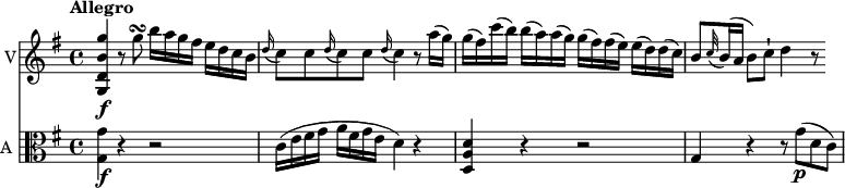 
<< \new Staff \with { instrumentName = #"V"}  
     \relative c'' {
    \version "2.18.2"
    \key g \major 
    \tempo "Allegro"
    \time 4/4
    \tempo 4 = 110
  <g, d' b' g'>4 \f  r8 g''\turn b16 a g fis e d c b
  \grace d16 (c8) c  \grace d16 (c8) c  \grace d16 (c4) r8 a'16 (g)
  g (fis) c' (b) b (a) a (g) g (fis) fis (e) e (d) d (c)
  b8 \grace c32 (b16) (a  b8) c-! d4 r8
}
\new Staff \with { instrumentName = #"A "} \relative c'' {
    \key g \major 
    \clef "alto"
     <g, g'>4 \f r r2
     c16 (e fis g a fis g e d4) r
     <d, a' d>4 r r2
     g4 r r8 g'\p (d c)
 }
>>
