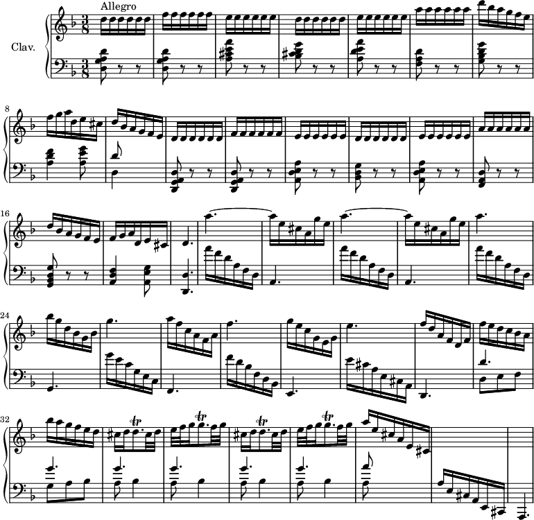 
\version "2.18.2"
\header {
  tagline = ##f
}

% thèmes
temaRep = { \repeat unfold 6 { d16 } \repeat unfold 6 { f } \repeat unfold 6 { e } \repeat unfold 6 { d } \repeat unfold 6 { e } \repeat unfold 6 { a }
  % ms. 7
  d16 bes a g f e | f g a d, e cis }
temaBass = { < d g a d >8 r8 r8 | q r8 r8 | < a' cis e a >8 r8 r8 | < bes cis d g >8 r8 r8 | < a d e a >8 r8 r8 |
   % ms. 6
   < f a d >8 r8 r8 | < g bes d g >8 r8 r8 | < a d f >4 < a e' g >8 }
temaBassG = { < d g a d >8 r8 r8 | q r8 r8 | < a' d e a >8 r8 r8 | < bes d g >8 r8 r8 | < a d e a >8 r8 r8 |
   % ms. 6
   < f a d >8 r8 r8 | < g bes d g >8 r8 r8 | < a d f >4 < a e' g >8 }

% petites notes
trillD = { \tag #'print { d8.\trill } \tag #'midi { e32 d e d~ d } }
trillG = { \tag #'print { g8.\trill } \tag #'midi { a32 g a g~ g } }

upper = \relative c'' {
  \clef treble 
  \key d \minor
  \time 3/8
  \tempo 4. = 80
  % \tempo 8 = 210
  \set Staff.midiInstrument = #"harpsichord"

  s8*0^"Allegro" \temaRep | d16 bes a g f e { \relative c' \temaRep } | d4. | \repeat unfold 2 { a''4.~ | a16 e cis a g' e } | 
  % ms. 23
  a4. | bes16 g d bes g bes | g'4. | a16 f c a f a | 
  % ms. 27
  f'4. | g16 e c g e g | e'4. | f16 d a f d f | f' e d c bes a | 
  % ms. 32
  bes'16 a g f e d | \repeat unfold 2 { cis16 d \trillD cis32 d | e f g16 \trillG f32 g } | 
  % ms. 37
  a16 e cis a e cis | \change Staff = "lower" a16 e cis a e cis | \tempo 8 = 130  a4.

}

lower = \relative c {
  \clef bass
  \key d \minor
  \time 3/8
  \set Staff.midiInstrument = #"harpsichord"

    % **************************************
    \temaBass | << { d8 } \\ { d,4 s8 } >>
    \relative c, \temaBassG < d, d' >4.
    % ms. 19
    \repeat unfold 2 { a'''16 f d a f d | a4. }
    a''16 f d a f d | g,4.
    g''16 e c g e c | f,4.
    f''16 d bes f d bes | e,4.
    e''16 cis a e cis a | d,4.
    << { d''4. | \repeat unfold 5 { g4. } a8 } \\ { d,,8 e f | g a bes | \repeat unfold 4 { a8 bes4 } a8 } >>
    s4
    s4. | s4.

}

thePianoStaff = \new PianoStaff <<
    \set PianoStaff.instrumentName = #"Clav."
    \new Staff = "upper" \upper
    \new Staff = "lower" \lower
  >>

\score {
  \keepWithTag #'print \thePianoStaff
  \layout {
      #(layout-set-staff-size 17)
    \context {
      \Score
     \override SpacingSpanner.common-shortest-duration = #(ly:make-moment 1/2)
      \remove "Metronome_mark_engraver"
    }
  }
}

\score {
  \keepWithTag #'midi \thePianoStaff
  \midi { }
}
