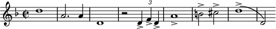 
\header {
  tagline = ##f
}

\score {
  \new Staff \with {

  }
<<
  \relative c'' {
    \key f \major
    \time 2/2
    \tempo 2 = 80
    \override TupletBracket #'bracket-visibility = ##f 
    \autoBeamOff
    \set Staff.midiInstrument = #"french horn"

     %% AB 3-1 th1
     d1 a2. a4 d,1 r2 \times 2/3 { d4-> f-> d-> } a'1-> b!2-> cis-> d1->( d,2)

  }
>>
  \layout {
    \context { \Score \remove "Metronome_mark_engraver"
    }
  }
  \midi {}
}
