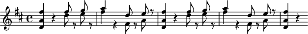 
\header {
  tagline = ##f
}

\score {
  \new Staff \with {

  }
<<
  \relative c'' {
    \key d \major
    \time 4/4
    \override TupletBracket #'bracket-visibility = ##f 
    \autoBeamOff

     %%%%%%%%%%% K 97 - silence à monter
     < d, a' fis' >4 r4 
     << { fis'8 s8 g8 s8 a4 s4 d,8 s8 e8 r8 } \\ { d8 r8 e8 r8 fis4 r4 fis,8 r8 a8 s8 } >>
     < d, a' fis' >4 r4 
     << { fis'8 s8 g8 s8 a4 s4 d,8 s8 e8 r8 } \\ { d8 r8 e8 r8 fis4 r4 fis,8 r8 a8 s8 } >>
     < d, a' fis' >4 r4

  }
>>
  \layout {
    \context {
      \remove "Metronome_mark_engraver"
    }
  }
  \midi {}
}
