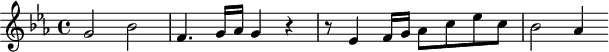 
\header {
  tagline = ##f
}

\score {
  \new Staff \with {

  }
<<
  \relative c'' {
    \key ees \major
    \time 4/4
    \tempo 4 = 80
    \override TupletBracket #'bracket-visibility = ##f 
    %\autoBeamOff
    \set Staff.midiInstrument = #"string ensemble 1"

     %%%%%%%%%%%%%%%%%%%%%%%%%% AB 3-2 th1
     g2 bes f4. g16 aes g4 r4 r8 ees4 f16 g aes8 c ees c bes2 aes4 

  }
>>
  \layout {
    \context { \Score \remove "Metronome_mark_engraver"
    }
  }
  \midi {}
}
