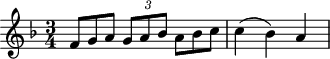 
\header {
  tagline = ##f
}

\score {
  \new Staff \with {

  }
<<
  \relative c' {
    \key f \major
    \time 3/4
    \override TupletBracket #'bracket-visibility = ##f 
    \autoBeamOff

     %%%%%%%%%%%%%%%%%%%%%%%%%% K5
     {\times 2/3 { f8[ g a]  g[ a bes] a[ bes c] }} c4( bes) a

  }
>>
  \layout {
    \context {
      \remove "Metronome_mark_engraver"
    }
  }
  \midi {}
}
