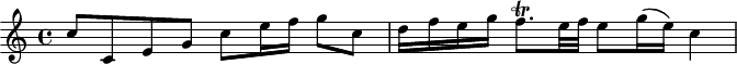 
\header {
  tagline = ##f
}

\score {
  \new Staff \with {

  }
<<
  \relative c'' {
    \key c \major
    \time 4/4
    \override TupletBracket #'bracket-visibility = ##f 
    \autoBeamOff

     %%%%%%%%%%% K 117
     c8[ c, e g] c[ e16 f] g8[ c,] d16[ f e g] f8.\trill[ e32 f] e8[ g16( e)] c4

  }
>>
  \layout {
    \context {
      \remove "Metronome_mark_engraver"
    }
  }
  \midi {}
}
