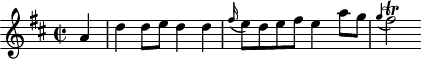 
\header {
  tagline = ##f
}

\score {
  \new Staff \with {

  }
<<
  \relative c'' {
    \key d \major
    \time 2/2
    \override TupletBracket #'bracket-visibility = ##f 
    \autoBeamOff

     %%%%%%%%%%%%%%%%%%%%%%%%%% K25
     \partial 4 a4 d d8[ e] d4 d \grace fis16( e8)[d e fis] e4 a8[ g] \grace g4( fis2\trill)

  }
>>
  \layout {
    \context {
      \remove "Metronome_mark_engraver"
    }
  }
  \midi {}
}
