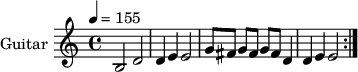 \relative \repeat volta 2 {  \set Staff.instrumentName = "Guitar "  \tempo 4=155  b2 d2 d4 e4 e2  g8[ fis] g[ fis] g fis d4 d4 e4 e2 }