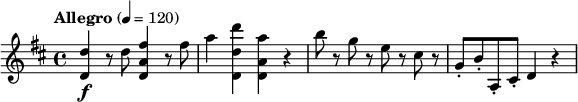 
\relative c'' {
  \version "2.18.2"
  \key d \major
  \tempo "Allegro" 4 = 120
  <d d,>4\f r8 d <fis a, d,>4 r8 fis |
  a4 <d d, d,> <a a, d,> r |
  b8 r g r e r cis r |
  g8-. b-. a,-. cis-. d4 r |
}
