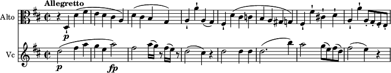 
 <<
\new Staff \with { instrumentName = #"Alto "}
\relative c {
    \version "2.18.2"
    \key d \major 
    \tempo "Allegretto"
    \time 2/2
    \tempo 4 = 160
    \clef "alto"
    r4 d-! \p d' (fis e d cis a)
    d (cis b g)
    a-! a'-! a, (g)
    fis-! d' (cis c b a gis g)
    fis-! fis'-! cis!-! d-!
    a-! a'-! a,8-. g-. fis-. e-. 
}
\new Staff \with { instrumentName = #"Vc "} \relative c'' {
    \clef "bass"
    \key d \major 
    \time 2/2
    \clef "treble" d2\p (fis4 a g e a2\fp)
    fis2 a16 (g) r8 fis16 (e) r8
    d2 (cis4) r4
    d2 d4 d
    d2. (b'4)
    a2 g8 (e) fis (d)
    fis2 (e4) r4
}
>>

