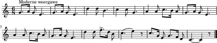 
\relative c'' {
  \key c \major \set Staff.midiInstrument = #"acoustic guitar (nylon)"
  \time 6/8 \set Score.tempoHideNote = ##t \tempo 4 = 60 \autoBeamOff
  g8.^"Moderne weergawe" [a16] g8 e4. | g8. [a16] g8 e4. | d'4 d8 b4. | c4 c8 g4. | a4 a8 c8. [b16] a8 | g8. [a16] g8 e4. |
  a4 a8 c8. [b16] a8 | g8. [a16] g8 e4. | d'4 d8 f8.-> [d16] b8 | c4. (e4) r8 | c8. [g16] e8 g8. [f16] d8 | c4.~ c4 r8 \bar "|."
}

