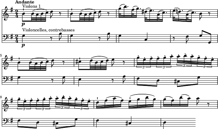 
<<
  \new Staff 
     \relative c'' { 
         \version "2.18.2"
         \clef "treble" 
         \tempo "Andante" 
         \key g \major
         \time 2/4
              b8-!\p ^\markup{Violons 1} b32 (a b c) d8 r8
               b8-! b32 (a b c) d8 r8
               g32 (b16.) fis32 (g16.) dis32 (e16.) a,32 (c16.)
               e32 (d!16.) a32 (c16.) b8 r8
                b8-! b32 (a b c) d8 r8
               cis8-! d32 (b cis d) e8 r8
               \tuplet 3/2 {g16-. e-. fis-.} \tuplet 3/2 {fis16-. g-. a-.} \tuplet 3/2 {a16-. b-. a-.}  \tuplet 3/2 {g16-. fis-. e-.}
               \tuplet 3/2 {g16-. e-. fis-.} \tuplet 3/2 {fis16-. g-. a-.} \tuplet 3/2 {a16-. b-. a-.}  \tuplet 3/2 {g16-. fis-. e-.}
               d16-! fis (a fis) e-! (g b g)
               g (fis) b (a) a8 r8
}
\new Staff
\relative c'' {
         \clef "bass" 
         \tempo "Andante" 
         \key g \major
         \time 2/4
          g,4\p^\markup{Violoncelles, contrebasses}  r8 b8
          g4 r8 b8
          g4 c,
          r8 fis8 g g,
          g'4 r8 g8
          e4 r8 a8
          fis d cis g'
          fis d cis g'
          fis4 cis
          d        
 }
>>
