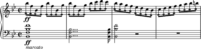 
{ \new PianoStaff <<
\new Staff \relative bes'' { \set Staff.midiInstrument = #"piano" \key bes \major \clef treble \time 2/2 \set Score.tempoHideNote = ##t \tempo 2 = 60
  bes8 \ff :16 f8 :16 bes,8 :16 f'8 :16 bes8
  :16 f8 :16 bes,8 :16 g'8 :16 | % 2
  bes8 :16 f8 :16 bes,8 :16 g'8 :16 bes8 :16 c8 :16 d8 :16 c8 :16 | % 3
  bes8 :16 a8 :16 g8 :16 f8 :16 es8 :16 d8 :16 c8 :16 bes8 :16 | % 4
  c8 :16 d8 :16 es8 :16 f8 :16 g8 :16 a8 :16 bes8 :16 b8 :16 \!
  }
\new Staff \relative bes, { \set Staff.midiInstrument = #"piano" \key bes \major \clef bass \time 2/2
  <bes f' bes f'>1 \ff _\markup{ \italic {marcato} } | % 2
  <bes f' bes>2... <bes f' bes>16 | % 3
  <bes bes' f'>2 r2 | % 4
  R1 }
>> }
