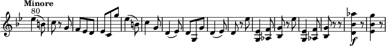 
 \relative c'' {
    \version "2.18.2"
    \key bes \major 
    \tempo "Minore"
    \tempo 4 = 140
    \time 3/8
    \omit Staff.TimeSignature
   ees4 ^ \markup{ 80} (b8)
   c r g
   f ees d
   ees c g''
   ees4 (b8)
   c4 g8
   d4 (ees8)
   d g, g'
   d4 (ees8)
   d r ees'
   <g,, ees'>4 <aes f'>8 
   <bes g'> r ees'
   <g,, ees'>4 <aes f'>8 <bes g'> r r
   <d bes' aes'>4 \f r8
   <ees bes' g'>4 r8
 }

