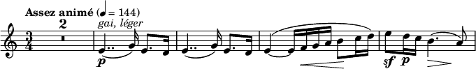 
\relative c' {
 \tempo "Assez animé" 4=144 \key c \major \time 3/4
 \compressEmptyMeasures R2.*2 e4..\p ^\markup { \italic { gai, léger } } ( g16) e8. d16
 e4..( g16) e8. d16 e4~ ^( e16 f\< g a b8\! c16 d) e8\sf d16\p c b4.*2/3\> ( s8\! a8)
}
