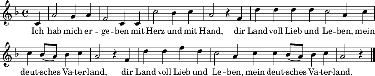 
\layout { \context { \Score \remove "Bar_number_engraver" } }
\relative c' { \set Staff.midiInstrument = #"clarinet"
               \set Score.tempoHideNote = ##t \tempo 4 = 108
               \key f \major \time 4/4 \partial 4
             c4 | a'2 g4 a4 | f2 c4 c4 | c'2 bes4 c4 | a2 r4 f4 |
             d'4 d4 d4 d4 | c2 a4 c4| c4 bes8 (a8) bes4 c4| a2 r4 f4 |
             d'4 d4 f4 d4 | c2 a4 c4| c4 bes8 (a8) bes4 c4| a2 r4| \bar "|."
}
\addlyrics {
     Ich | hab mich er -- | ge -- ben mit   | Herz und mit               | Hand, dir |
     Land voll Lieb und   | Le -- ben, mein | deut -- sches Va -- ter -- | land, dir |
     Land voll Lieb und   | Le -- ben, mein | deut -- sches Va -- ter -- | land.
}
