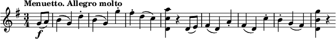 
\relative c'' {
    \version "2.18.2"
     \key g \major
     \time 3/4
     \tempo "Menuetto. Allegro molto"
     \tempo 4 = 170
  \partial 4
  g8 \f  (a)  b4 (g) d'-.
  b (g) g'-.
  fis-. d (c)
  <d, c' a'> r d8  (e) 
  fis4 (d) a'-.
  fis (d) c'-.
  b-. g (fis)
  <d b' g'> r 
}
