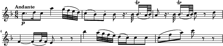 
\relative c'' {
  \version "2.18.2"
    \key f \major
    \time 6/8
    \tempo "Andante"
   c8.\p  d16  c8  a'4 g32 (f e d)
   c8 (bes) bes-. bes r16. bes32 bes16.\trill [(a64 bes)]
   a8 r16. bes32 bes16.\trill [(a64 bes)] c8 r8 d
   f,4~ f16 (g32 f) e8 r8 r8
   bes''4 a32 (g f e) d16 (c) c8 c
   c (f a) c r8 r8
  }
