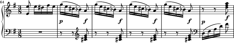 
   \new PianoStaff <<
      \new Staff <<
         \relative c' {
             \clef treble \key g \major \time 3/8
             \set Score.currentBarNumber = #64
             \bar ""
             <e e'>8 e'16[ dis fis e]
             \once \override DynamicLineSpanner.staff-padding = #3.5 g16([\p e cis bes)] \once \override DynamicLineSpanner.staff-padding = #3.5  a8\f
             g'16([ e cis bes)] \once \override DynamicLineSpanner.staff-padding = #3.5  a8\f
             g'16([ e cis bes)] \once \override DynamicLineSpanner.staff-padding = #3.5  a8\f
             g'16([ e cis bes)] \once \override DynamicLineSpanner.staff-padding = #3.5 a8\f
             r r <d fis a>\f
             }
            >>
     \new Staff <<
         \new Voice \relative c' {
             \clef bass \key g \major \time 3/8
             R4. 
             r8 r \clef treble <cis e g>
             r8 r <cis e g>
             r8 r <cis e g>
             r8 r <cis e g>
             \clef bass \once \override DynamicLineSpanner.staff-padding = #3.5 d,16([^\p fis a d)] fis8
             }
         >>
    >>
