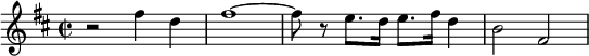 { \time 2/2 \key b \minor r2 fis''4 d''4 fis''1~fis''8 r8 e''8. d''16 e''8. fis''16 d''4 b'2 fis'2 }