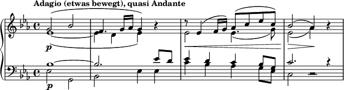 
\relative c'' {
 \new PianoStaff <<
  \new Staff <<
   \new Voice { \set Score.tempoHideNote = ##t \tempo "Adagio (etwas bewegt), quasi Andante" 4 = 45 } {
    \clef "treble" \key es \major \stemUp \set Staff.midiInstrument = #"string ensemble 1" \time 4/4 | % 1
    g2 \p ^( bes2 |
    f4. g16 as16 g4 ) s4 |
    r8 \< es4 ^( f16 g16 ) as8 ^( c8 es8 c8 ) |
    bes2 \! \> ^( as4 \! ) s4 |
   }
   {
    \clef "treble" \key es \major \stemDown \time 4/4 |
    es1 _( _~ |
    es4 d4 es4 ) r4 |
    es2 \! es4. _( g8 ) |
    es2 \! _( as4 ) r4 |
   }
  >>
  \new Staff <<
   \new Voice { \set Staff.midiInstrument = #"string ensemble 1" {
    \clef "bass" \key es \major \stemUp \time 4/4 
    bes,1 \p ^~ |
    bes2. es8 d8 |
    es4 d4 c4 bes8 g8 |
    c2. c4\rest |
   }}
   \new Voice {
    \clef "bass" \key es \major \stemDown \time 4/4 
    es,2 g,2 |
    bes2 es4 es4 |
    c'4 bes4 as4 g8 es8 |
    c2 c2\rest |
   }
  >>
 >>
}
