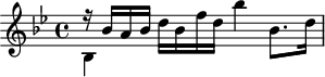 
\header {
  tagline = ##f
}

\score {
  \new Staff \with {

  }
<<
  \relative c'' {
    \key bes \major
    \time 4/4
    \override TupletBracket #'bracket-visibility = ##f 
    \autoBeamOff

     %%%%%%%%%%%%%%%%%%%%%%%%%% K33e / Anh 200
     << { r16 bes16[ a bes] } \\ { bes,4 } >>
      d'16[ bes f' d] bes'4 bes,8.[ d16]

  }
>>
  \layout {
    \context {
      \remove "Metronome_mark_engraver"
    }
  }
  \midi {}
}
