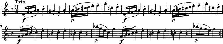 
\relative c' {
      \version "2.18.2"
      \clef "treble" 
      \tempo "Trio" 
      \key f  \major
      \time 3/4
    d16 \f (e f g a4-.) bes-.
    gis-. e-. a-.
    a16 \p (b cis d e4-.) f-.
    g-. cis,-. d-.
    d,16 \f (e f g a4-.) bes-.
    gis-. e-. a-.
    a16 \p (b cis d e4-.) f-.
    g-. cis,-. d-.
    f,16 \f (g a bes c!4-.) d-.
    b-. c-. d-.
    b-. c-. r4
    bes'!8 \p (g e c) f4
    f, 16 \f (g a bes c4-.) d-.
    b-. c-. d-.
    b-. c-. r4
    bes'!8 \p (g f e ) f4 \bar ":|."
}
