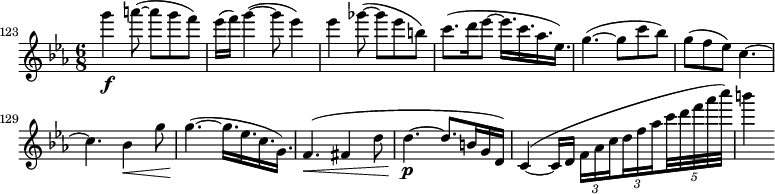 
\relative c''' \new Staff {
  \key es \major \clef "treble"
  \set Staff.midiInstrument = "violin"
  \set Score.tempoHideNote = ##t \tempo 4 = 96
  \set Score.currentBarNumber = #123 \bar ""
  \time 6/8
  g'4\f a8( ~ a g f) | es16( f) g4( ~ g8 es4) | es ges8( ~ ges es b) |
  c8.( d16 es8 ~ es16. c as es) | g4.( ~ g8 c bes) | g( f es) c4. ~ | c bes4\< g'8 |
  \set tupletSpannerDuration = #(ly:make-moment 1 8)
  \set subdivideBeams = ##t
  \override TupletBracket #'stencil = ##f
  g4.\!( ~ g16. es c g) | f4.\<( fis4 d'8 | d4.\p( ~ d8. b16 g d) | c4\<( ~ c16 d \times 2/3 { f as c d f as } \times 4/5 { c32 d f as c) } | b4
}
