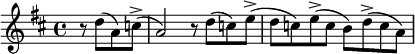 
\relative c'' { \key d \major \time 4/4 \partial 2
    r8 d( a) c->( | a2) r8 d( c) e->( | d c) e->( c b) d->( c a) | }
