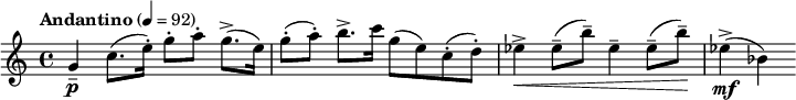  \relative c'' { \clef treble \time 4/4 \tempo "Andantino" 4=92 g4\p-- c8.( e16-.) g8-.[ a-.] g8.->( e16) | g8-.( a-.) b8.-> c16 g8( e) c-.( d-.) | ees4->\< ees8--( b'--) ees,4-- ees8--( b'--)\! | ees,4->\mf( bes) } 