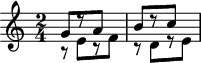 
\header {
  tagline = ##f
}

\score {
  \new Staff \with {

  }
<<
  \relative c'' {
    \key c \major
    \time 2/4
    \override TupletBracket #'bracket-visibility = ##f 
    \autoBeamOff

     %%%%%%%%%%%%%%%%%%%%%%%%%% K1b
     << { g8[ r8 a] } \\ { r8 e8[ r8 f] } >>
     << { b8[ r8 c] } \\ { r8 d,8[ r8 e] } >>

  }
>>
  \layout {
    \context {
      \remove "Metronome_mark_engraver"
    }
  }
  \midi {}
}
