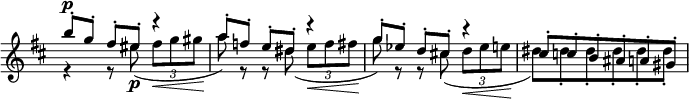 
\relative c' \new Staff \with { \remove "Time_signature_engraver" } {
 \key d \major \time 3/4 \tempo ""
 <<
  {
  b''8-. ^\p [ g-.] fis-. eis-. r4 a8-.[ f-.] e-. dis-. r4
  g8-.[ es-.] d-. cis!-. r4 cis8-. c-. b-. ais-. a-. gis-.
  }
 \\
  {
  r4 r8 eis'_\p ( \times 2/3 { fis8\< g gis } a8\! ) r r dis,( \times 2/3 { e8\< f fis }
  g8\! ) r r cis,( \times 2/3 { d8\< es e } dis8\! ) dis-. dis-. dis-. dis-. dis-.
  }
 >>
}
