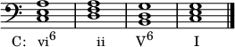 
{
\override Score.TimeSignature #'stencil = ##f
\relative c {
  \clef bass
  \time 4/4
  <c e a>1_\markup { \concat { \translate #'(-4 . 0) { "C:   vi" \raise #1 \small "6" \hspace #6.5 "ii" \hspace #5 "V" \raise #1 \small "6" \hspace #6.5 "I" } } }
  <d f a> <b d g> <c e g> \bar "|."
} }
