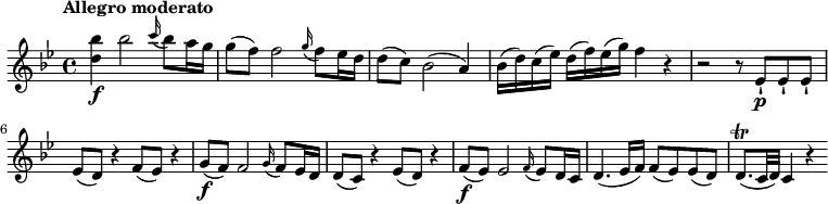 
\relative c'' {
  \version "2.18.2"
  \key bes \major
  \time 4/4
  \tempo "Allegro moderato"
  \tempo 4 = 110
  <d bes'>4\f bes'2 \grace c16 (bes8) a16 g
  g8 (f) f2 \grace g16 (f8) ees16 d
  d8 (c) bes2 (a4)
  bes16 (d) c (ees) d (f) ees (g) f4 r
  r2 r8 ees,-!\p ees-! ees-!
  ees (d) r4 f8 (ees) r4
  g8\f (f) f2 \grace g16 (f8) ees16 d
  d8 (c) r4 ees8 (d) r4
  f8\f (ees) ees2 \grace f16 (ees8) d16 c
  d4. (ees16 f) f8 (ees) ees (d)
  d8.\trill (c32 d) c4 r
}
