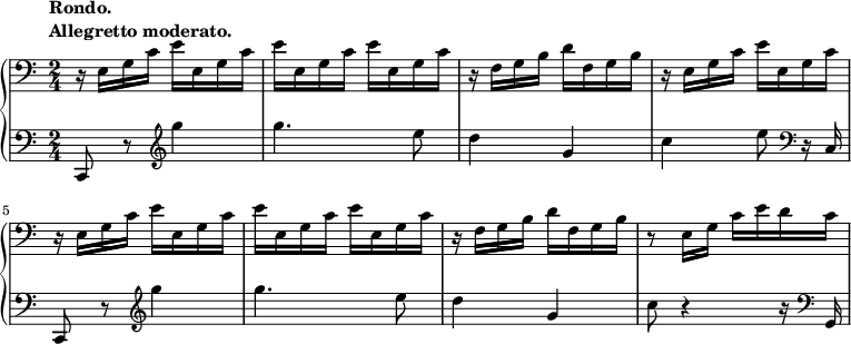  {
\new PianoStaff <<
    \new Staff = "up" {
    \tempo \markup { \column {
        \line{Rondo.}
        \line{Allegretto moderato. }}}
      \relative c {
      
        \clef bass
        \time 2/4
        \stemDown
        r16 e g c e e, g c e e, g c e e, g c r f, g b d f, g b r e, g c e e, g c r e, g c e e, g c e e, g c e e, g c r f, g b d f, g b r8 e,16 g c e d c
      }
    }
    \new Staff = "down" {
      \relative c, {
        \clef bass c8 r8\clef treble g''''4 g4. e8 d4 g, c e8\clef bass r16 c,, c,8 r\clef treble g''''4 g4. e8 d4 g, c8 r4 r16 \clef bass g,,
      }
    }
  >>
}
