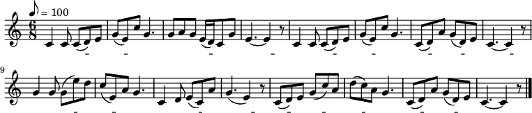 
 \relative c' {
  \new PianoStaff <<
   \new Staff { \key c \major \time 6/8 \tempo 8 = 100
   c4 c8 c( d) e | g( e) c' g4. | g8 a g e16( d) c8 g' | e4. ~ e4 r8 |
   c4 c8 c( d) e | g( e) c' g4. | c,8( d) a' g( d) e | c4. ~ c4 r8 |
   g'4 g8 g( e') d | c( e,) a g4. | c,4 d8 e( c) a' | g4.( e4) r8 |
   c( d) e g( c) a | d( c) a g4. | c,8( d) a' g( d) e | c4. ~ c4 r8 \bar "|."
   }
   \addlyrics {
   い の ち -- み じ -- か し こ い せ よ -- お と め --
   あ か き -- く ち -- び る あ -- せ ぬ -- ま に --
   あ つ き -- ち し -- お の ひ え ぬ -- ま に --
   あ -- す の -- つ き -- ひ は な -- い も -- の を --
   }
  >>
 }
