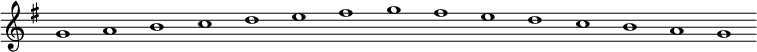 

\new Staff {
  \relative c'' {
    \key g \major
    \override Staff.TimeSignature #'stencil = ##f
    \override Staff.BarLine #'stencil = ##f
     g1 a b c d e fis g fis e d c b a g
  }
}
\midi {
  \context {
    \Score
    tempoWholesPerMinute = #(ly:make-moment 120 1)
  }
}
