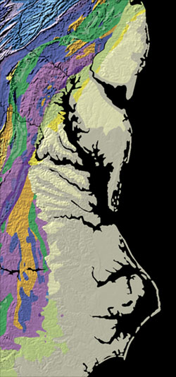 Map showing part of the Eastern Seaboard Fall Line where the pale-colored coastal plain meets the brightly colored Piedmont.